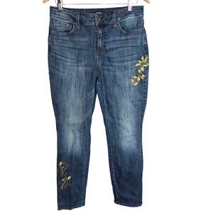 NYDJ Alina Gold Embroidered High Rise Denim Jeans Tapered Leg Stretch 10